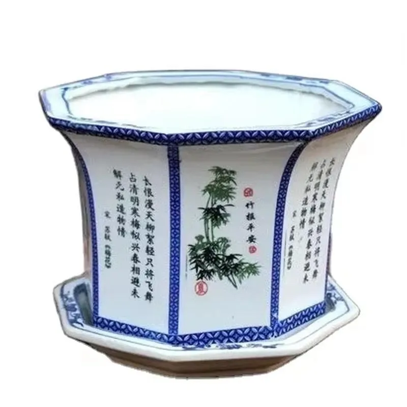 Jingdezhen Traditional Blue and White Ceramic Orchid Pot Tall Hexagonal Flower Planter with Saucer