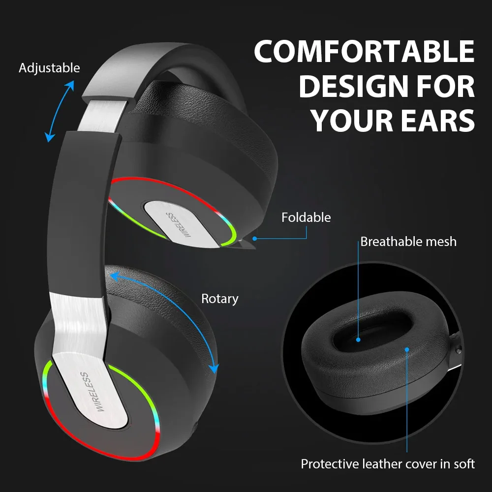 سماعات رأس لاسلكية مع ميكروفون سماعة ألعاب بلوتوث 5.1 سماعة أذن ستيريو محيطة ملونة خفيفة للكمبيوتر المحمول