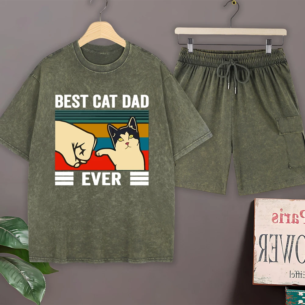 Teach You The Brave Cat Cotton Washed T-Shirt Set Mens Basic Oversize T Shirt Pants O-Neck Short Sleeve Tops Summer Cargo Shorts