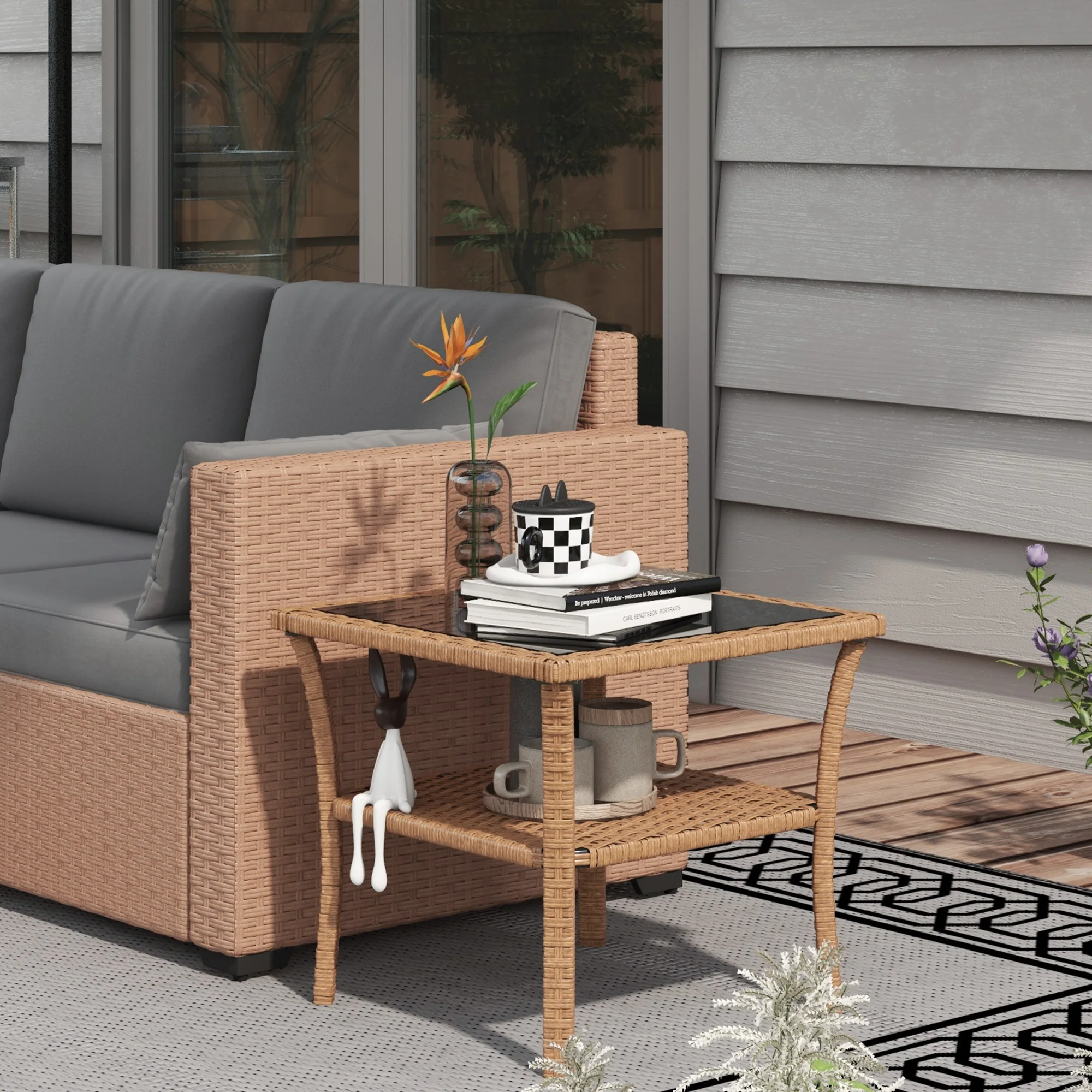 Outsunny Patio Wicker Coffee Table W/ Two-Tier Design, Side Table, Sand