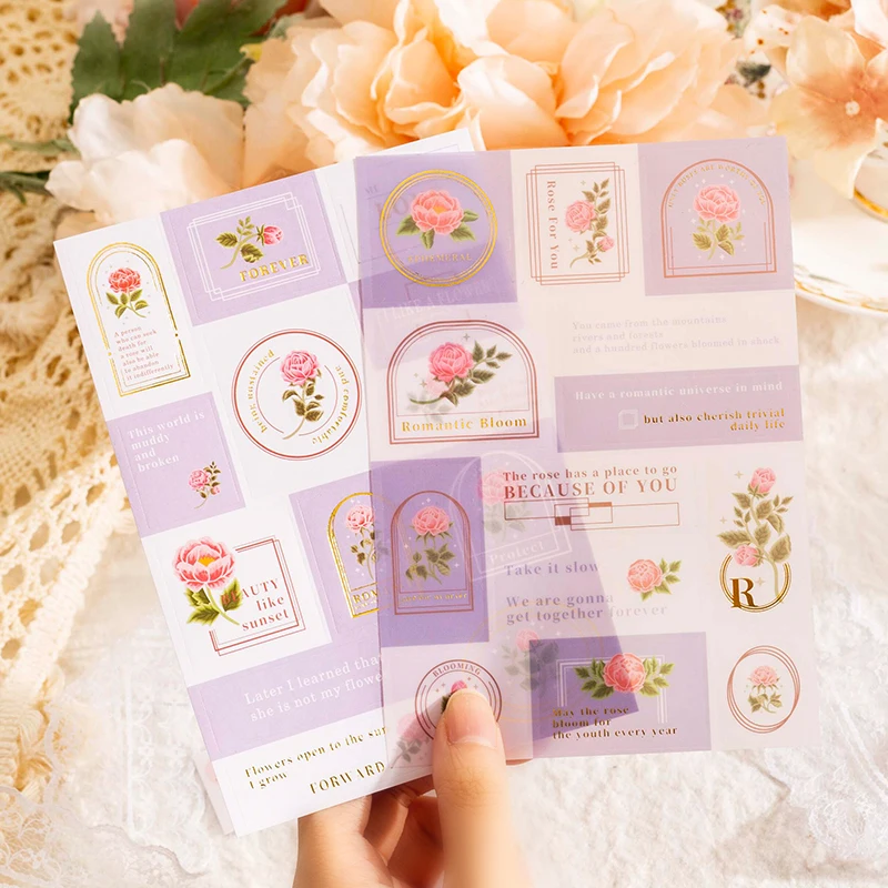 2Sheets Flowers Rose Gold Bronzing Stickers Korean Stationery Decorative flowering Collage Scrapbooking Paper DIY 194*113mm