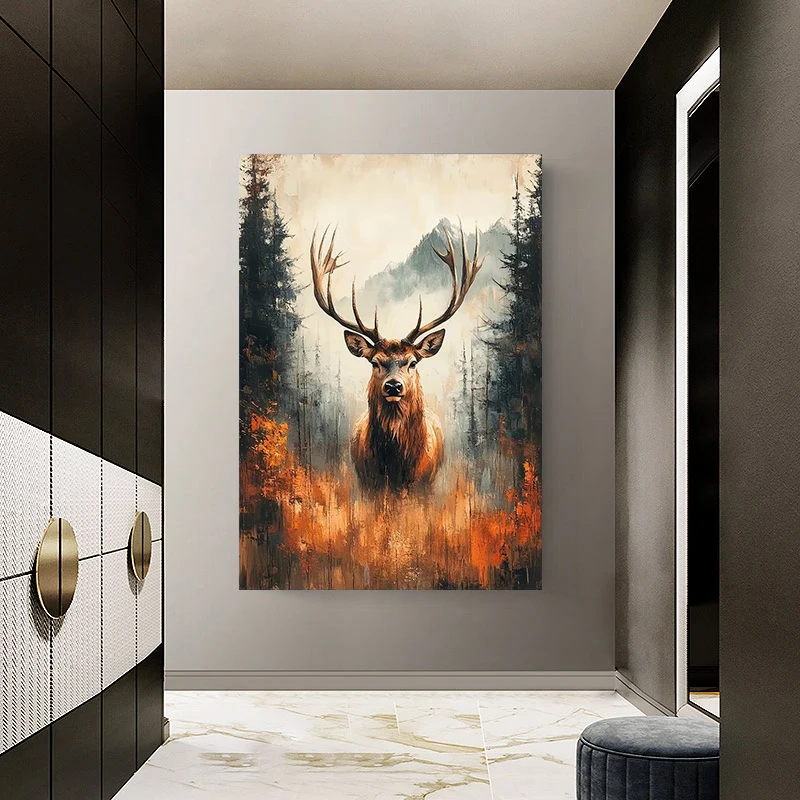 Deer in The Misty Autumn Mountain Forest Poster Prints Animal Canvas Painting Wall Art Picture for LivingRoom Home Decor Cuadros
