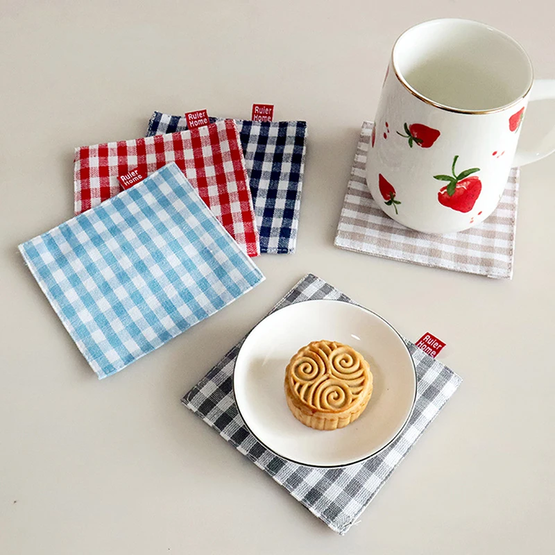 1/5Pcs Fabric Coasters Double Layer Plaid Insulated Coasters Kitchen Table Decoration