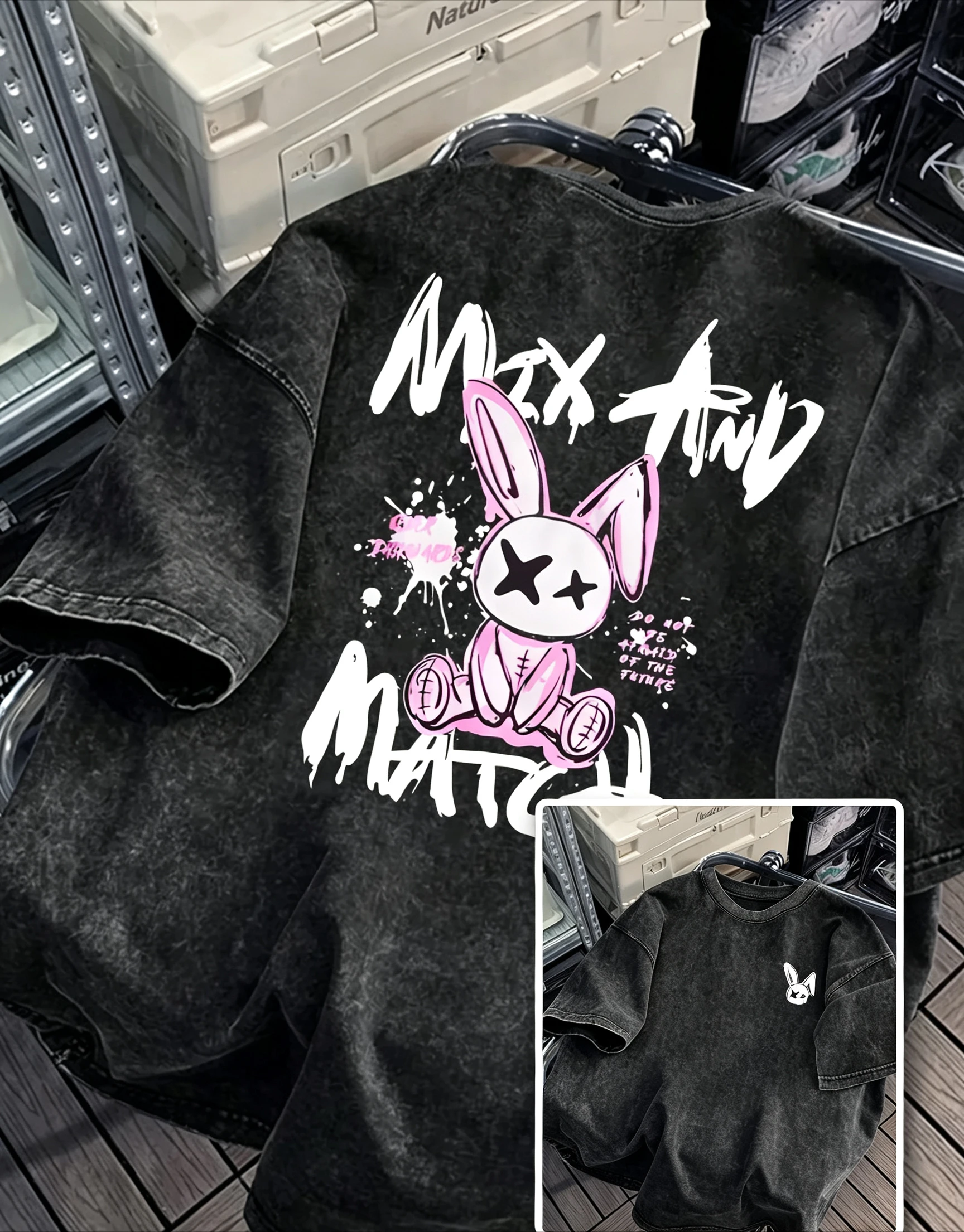 Men Women Washed Vintage T‑Shirt,Harajuku Pink Rabbit Graffiti Print Short Sleeve,Oversized Streetwear Hip Hop Couple Tees Tops