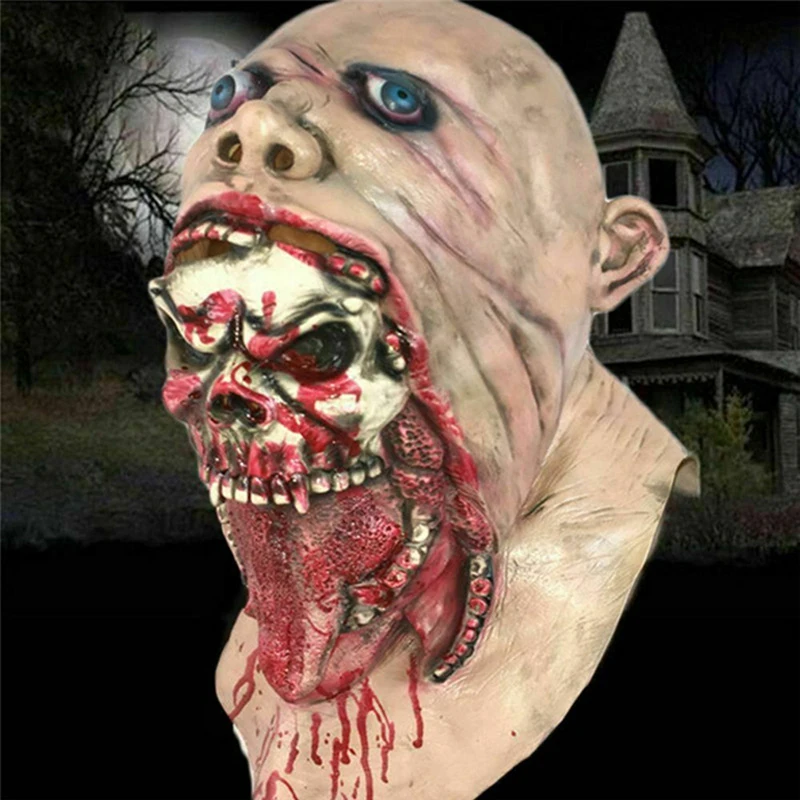 Halloween Bloody Horror Ripped Mask Double-layer Skull Latex Mask Scary Cosplay Party Props Halloween Decoration