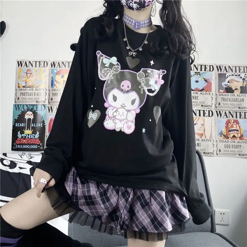 Sanrio Kuromi Cute Long Sleeved Soft Girl Top Women New Japanese Harajuku Style Black T-shirt Loose Casual Sweet Versatile Tees