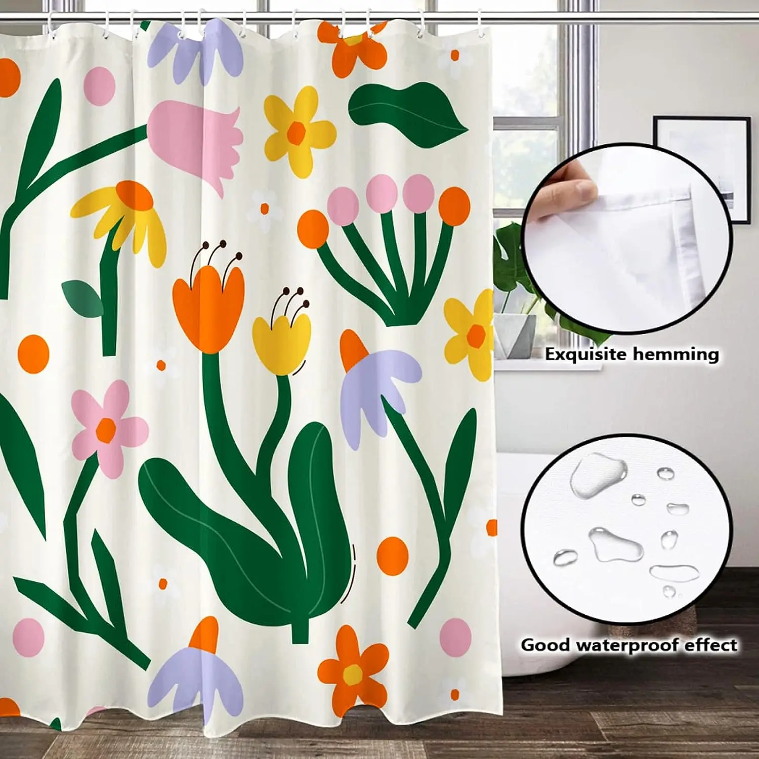 Vintage Flowers 70s 80s Shower Curtain Washable Waterproof Fabric Aesthetic Bath Curtains Set for Bathroom with Hooks Decor Art