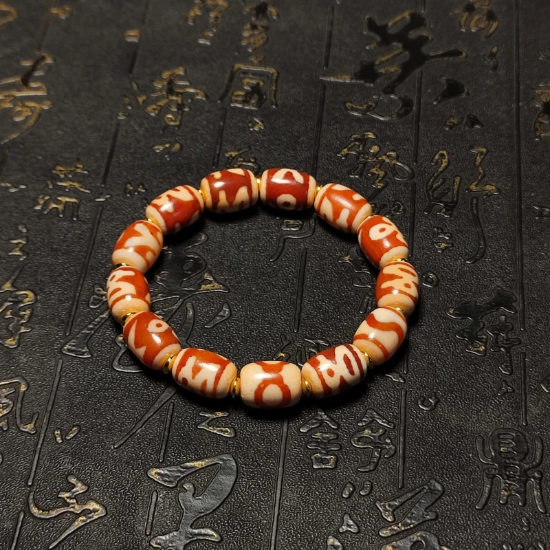 Tibetan God of Wealth 5 Eyes Lightning 3 Eyes Multi Totem Orange/Wheat Drum Shape Agate Celestial Bead Bracelet Free Shipping