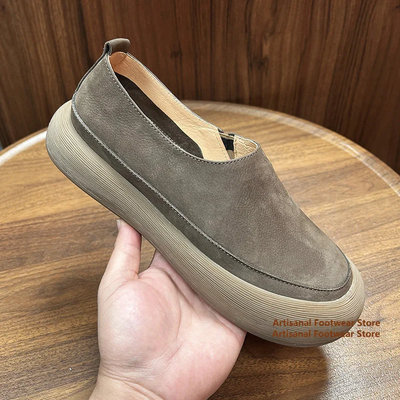 

Men's Brown Matte Leather Loafers Round Toe Slip-On Lightweight Chunky Platform Sole Retro Casual Shoes Trendy Men's Shoes
