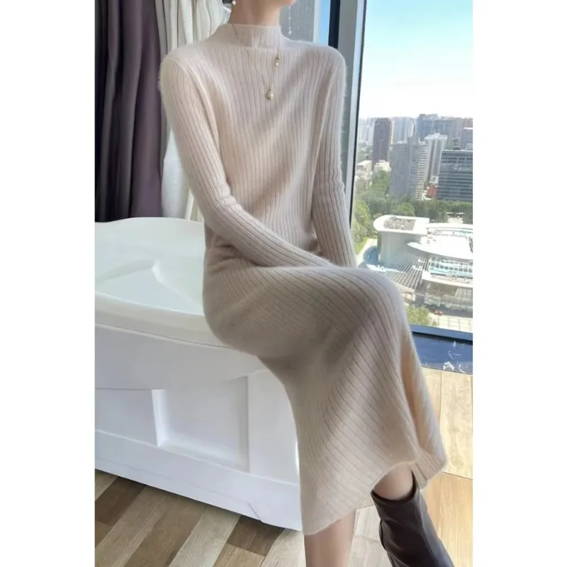 Sweater Dress Women Slim Fit Knit Long Sleeve Cashmere Long Skirt Dress Knitwear Women\'s Turtleneck Youth Female Clothing 2024