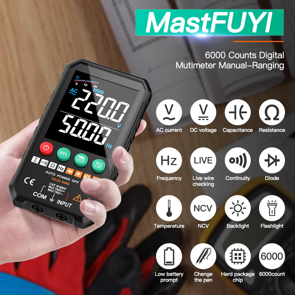 MASTFUYI Digital Multimeter AC DC Voltage 6000 Counts True RMS Voltmeter Auto-Ranging Tester Non-Contact Voltage Detection Tools