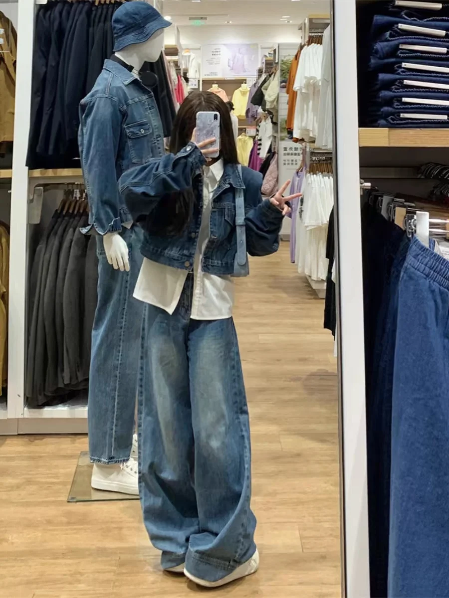 Retro Hong Kong Style Loose Fit Short Denim Jacket Women's Autumn New Fashion Slimming Compact Version  Collar Button up