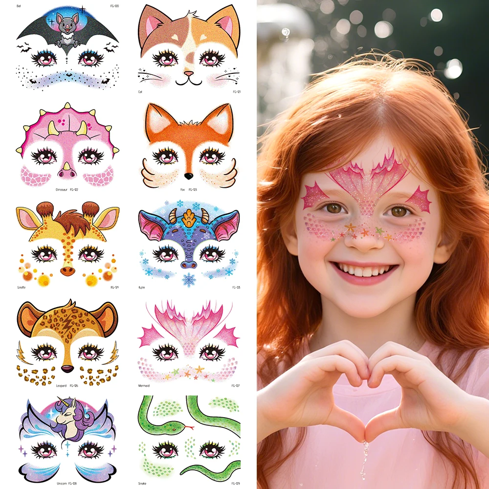 10 Sheets Glitter Animal Face Tattoo For Kids Unicorn Mermaids Dinosaurs Fox Temporary Tattoo Stickers Party Makeup Body Paint T