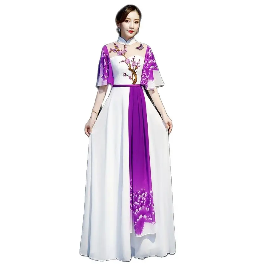 

Long Ao Dai Vietnam Style Dress For Women Traditional Ethnic Clothing Elegant Gown Oriental Chinese cheongsam