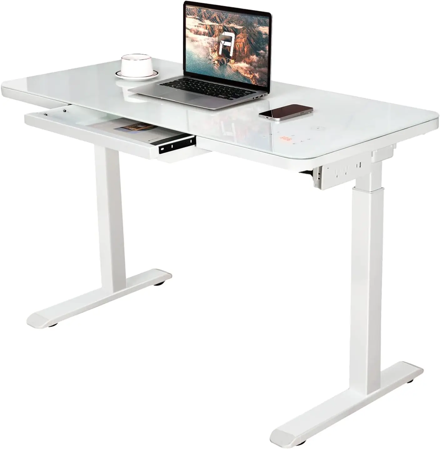 Standing Desk with Tempered Glass Top 45 x 23 Inches Modern Height Adjustable Desk Adjustable Ergonomic Desk with Drawers White