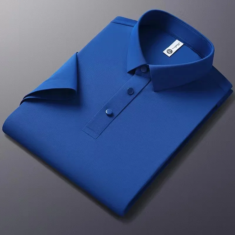 

New Summer Men's Ice Silk Traceless Polo Shirt Elastic Non ironing Business Casual Flip Collar Quick Drying Solid Color T-shirt