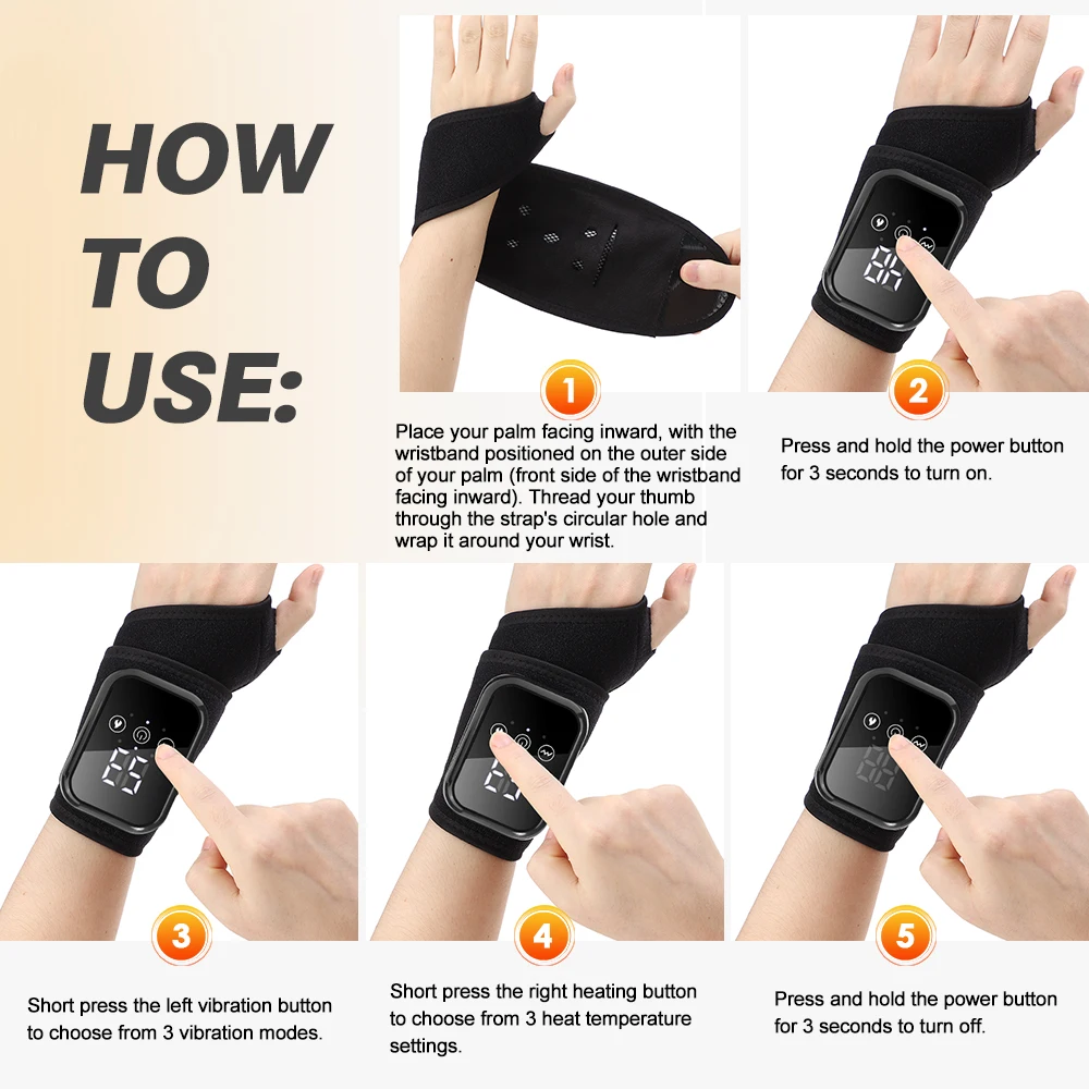 Beheizte Handgelenkbandage mit Vibration, Wärmende Handgelenkstütze 3 Wärmestufen 3 Massagemodi mit Timer, USB Kabellos für Links Rechts – Detail 8