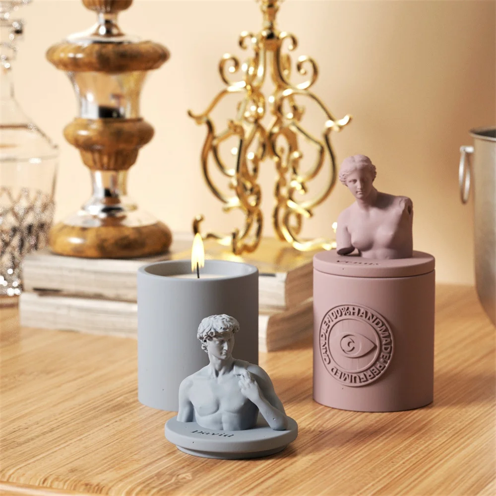 Greek Sculpture Candle Jar Silicone Molds for Cement DIY Concrete Candle Vessel Mould with Lid Home Decoration Tools