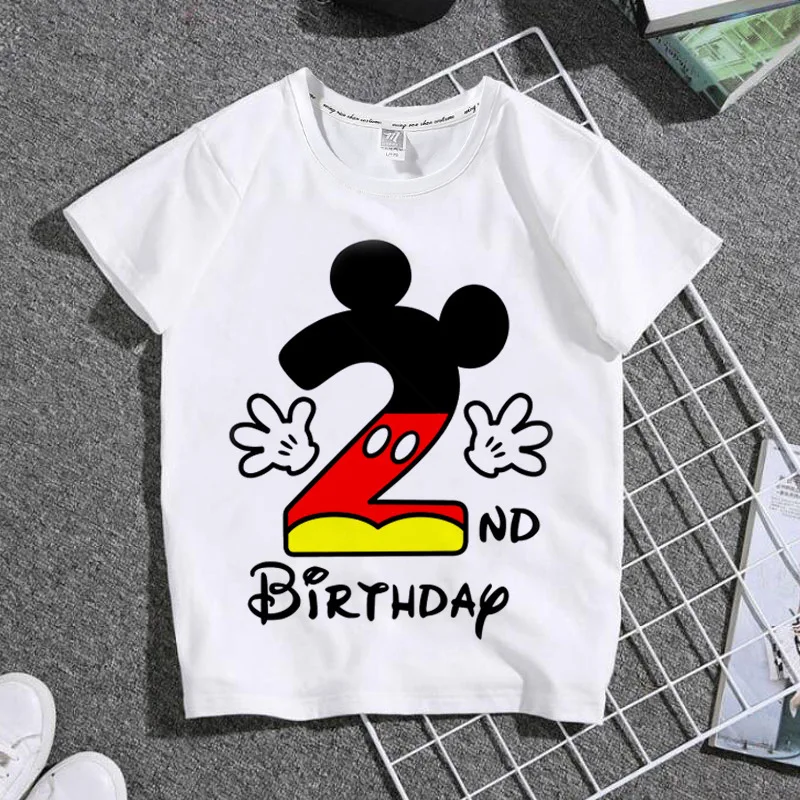 Summer Fashion Mickey Mouse How Old Am I? Printed Short-Sleeved Tops Kids Pure Cotton White T-Shirt Boys Girls Birthday Clothes