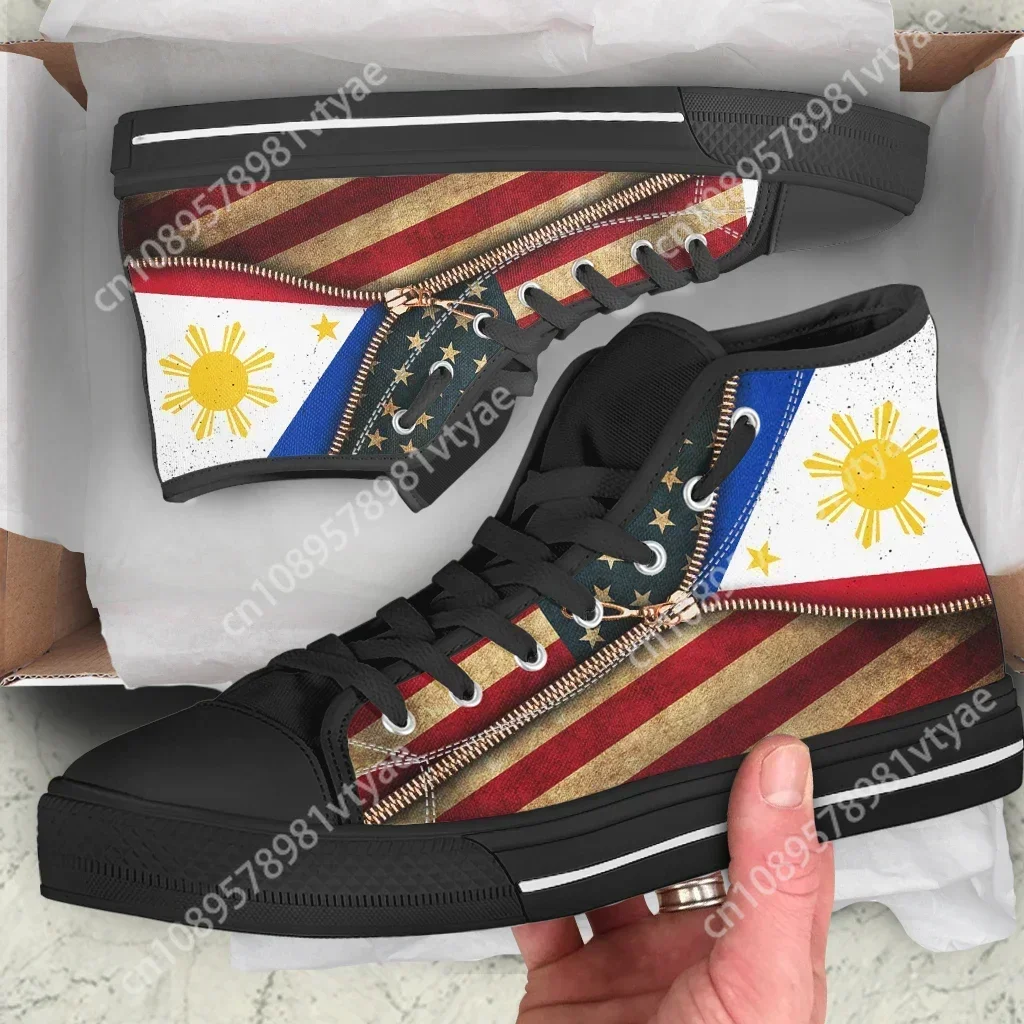 Custom Made New Philippines Flag Zipper Design Lace-up High Top Canvas Shoes for Men Lightweight Comfort Flats Casual Sneakers