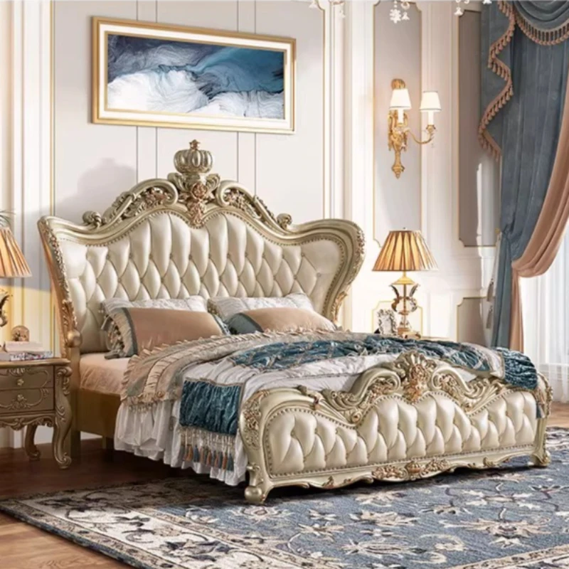 genuine leather solid wood Double bed 180x200cm Nordic high-end luxury bed 2 people elegant comfortable cama box casal furniture