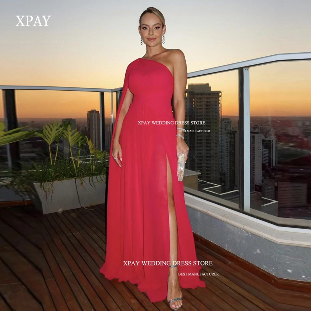 

XPAY Simple Party Cocktail Dresses Floor-Length Chiffon One shoulder Split Dubai Arabia Women Evening Dresses Sexy Prom gowns