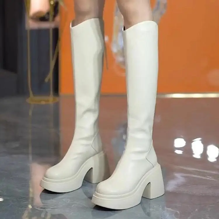 

New 2025 Thi Heel Autumn Winter Cr Boot Knight Boot Long Tube Boot Faionable Korean Sle Low Cut Waterproof Platform