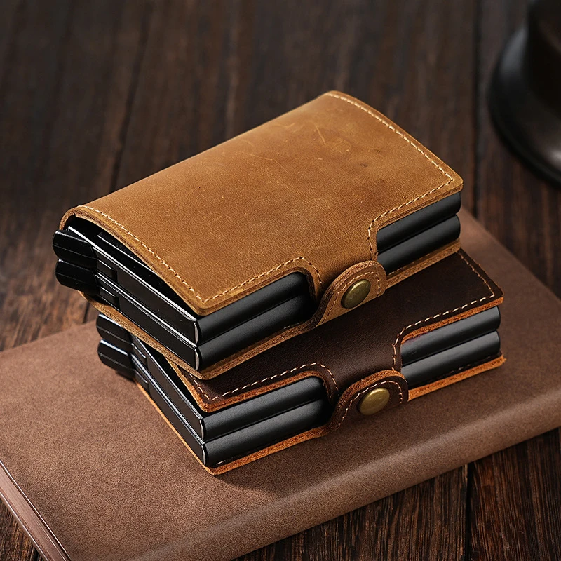 Men's Crazy Horse Genuine Leather Pop Up Card Holder Double Layer Aluminum Card Case Automatic Eject Credit Card Wallet