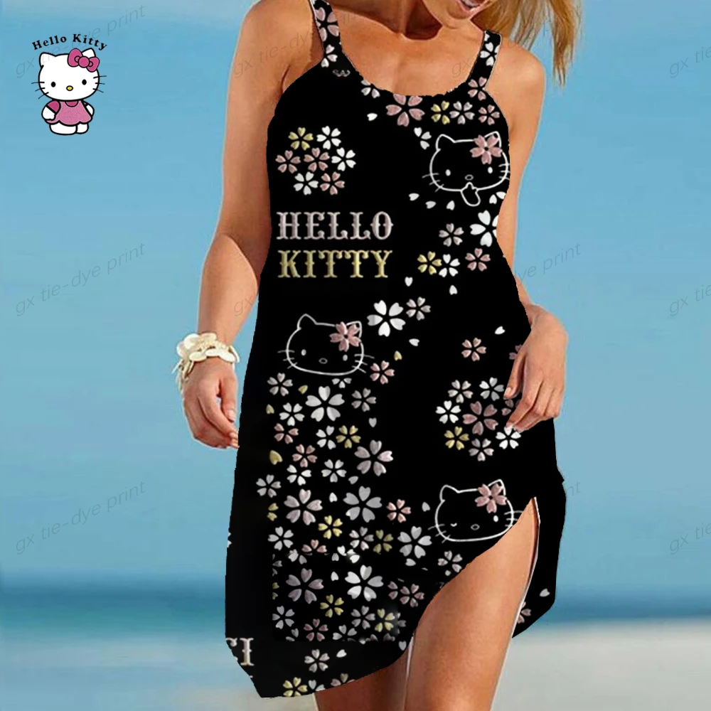 

Women Summer Spaghetti Strap Ruffles Dress Sleevesless Party Sundress Loose Casual Dress Beach Hello Kitty Cartoon Vestidos 2023