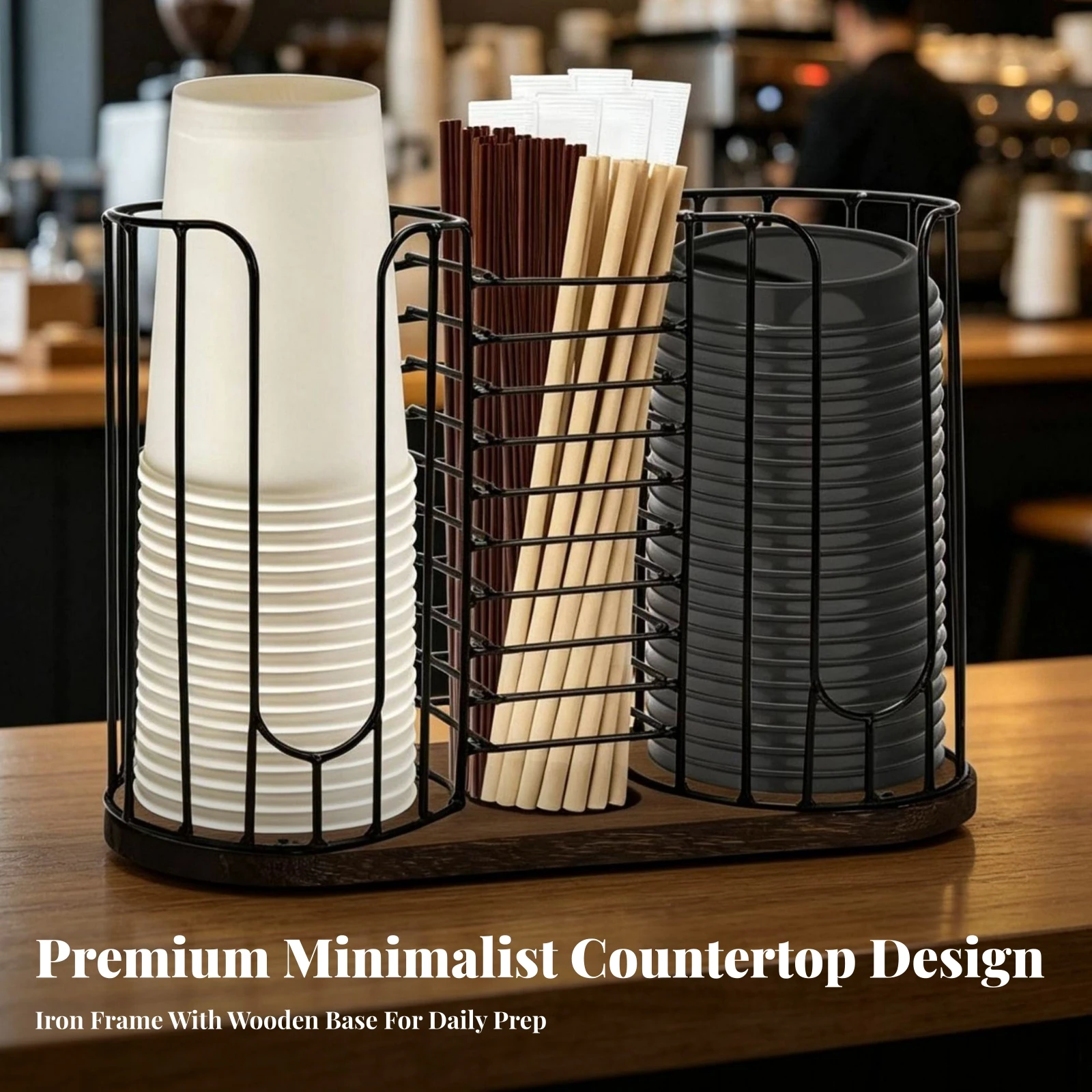 Countertop Organizer Low-Profile Cupware Organizer with Wood Base Wire Rack with Central Divider Easy-to-Access for Kitchen