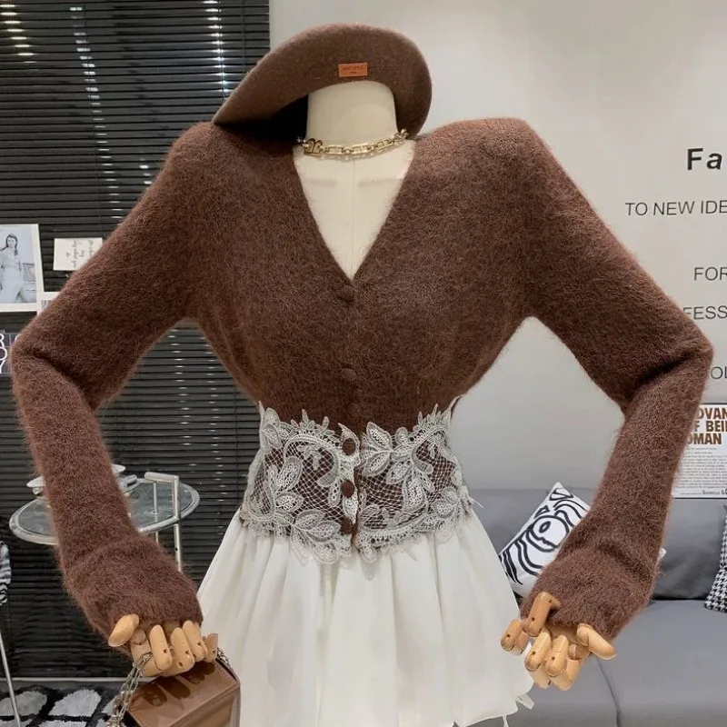 

Корейский стильный милый кружевной лоскутный кардиган с v-образным вырезом на талии и пуговицами, универсальный и стильный вязаный элегантный кардиган