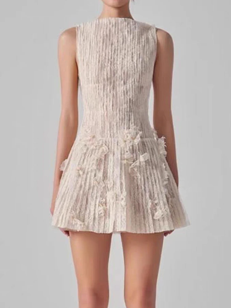 고품질 3D 나비넥타이 레이스 드레스 봄 여성 민소매 지퍼 슬림 숏 드레스 여름 하이웨이스트 솔리드 레이스 미니 드레스