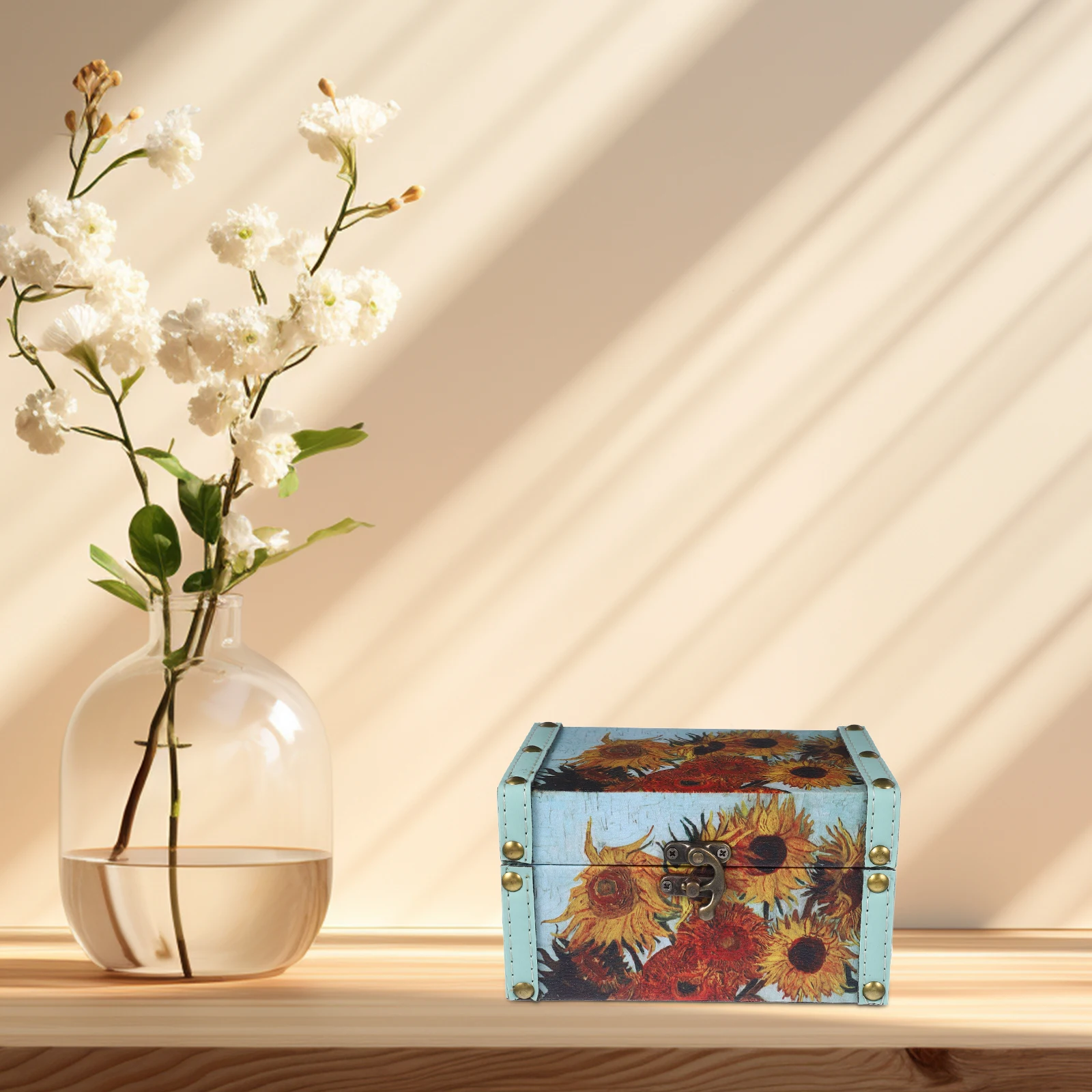 

1pcs Wooden Storage Box Large Capacity Vintage Oil Painting Pattern Desktop Jewelry Organizer Treasure Chest Display Case For