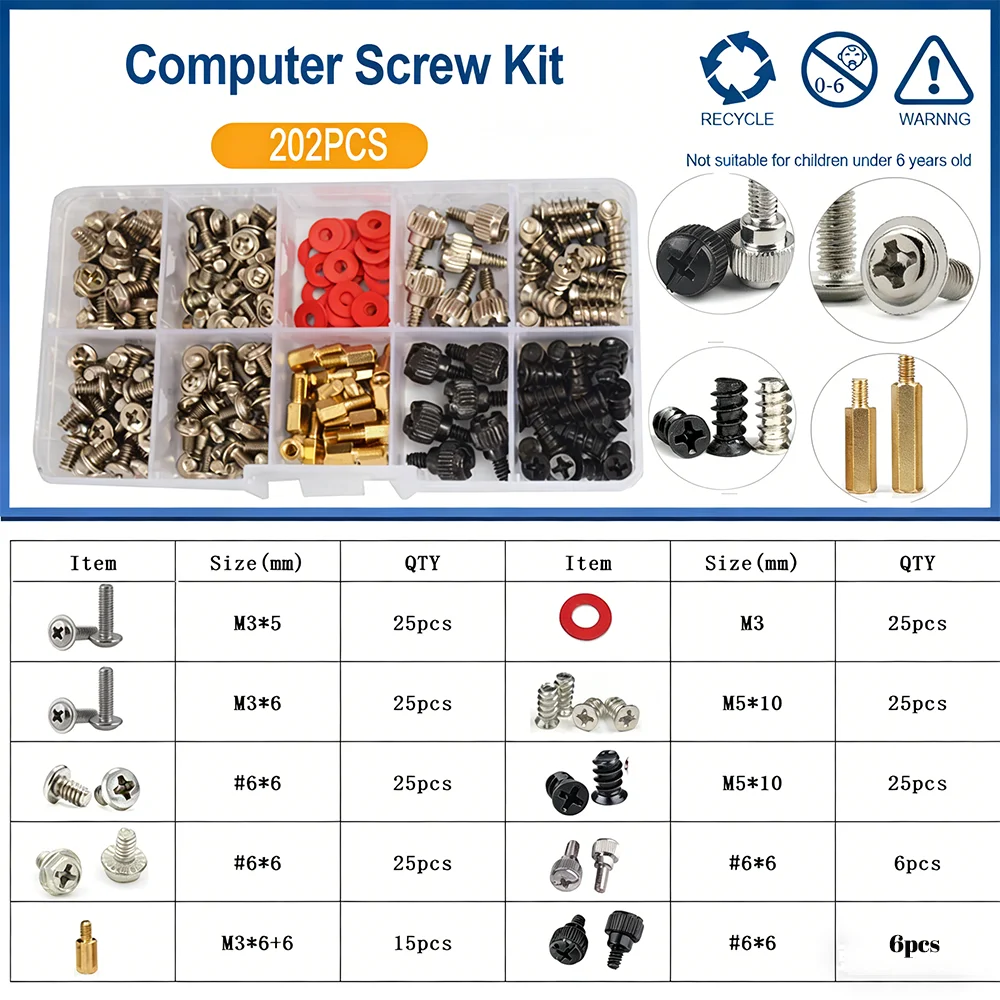 Computer Screws Kit 6-32 Male to M3 Female Motherboard Standoffs Bolt for SSD Hard Drive Fan Power Graphics Chassis PC ATX Case