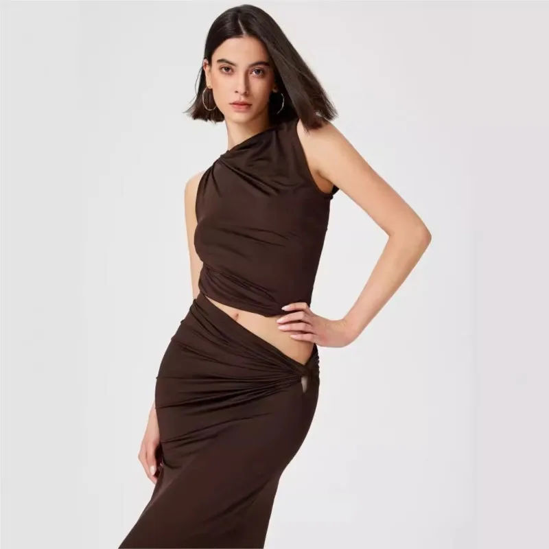 

Sexy women's two-piece summer solid color sleeveless slim fit crop top and skirts vacation long skirt set conjuntos de vestidos