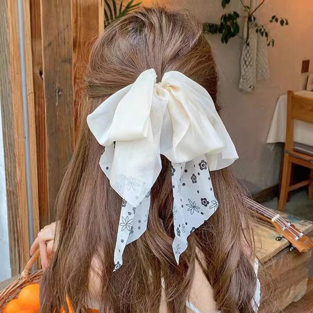 2023 New Summer Chiffon Mesh Yarn Bow Streamer Hair Loop Tied Ponytail Hair Rope Elastic Hair Scrunchies Hair Accessories