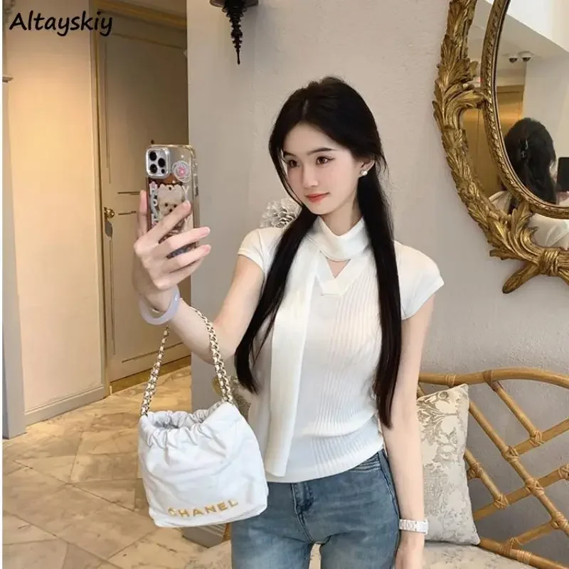 Pullovers Women Lace-up Summer Temper Princess Korean Style All-match Streetwear Short-sleeve Fashion Simple Tender Knit Tops