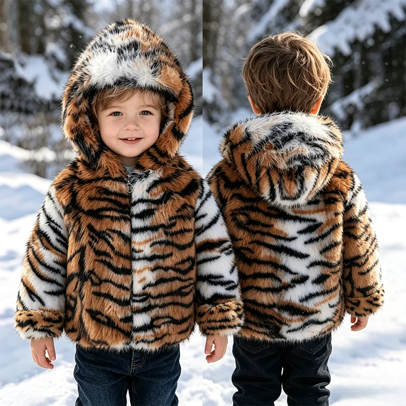 Boys New Tiger Stripe Faux Fur Warm Jacket Autumn Winter Plush Thicken Hooded Windproof Sports Outerwear for Kids 2-8 Years