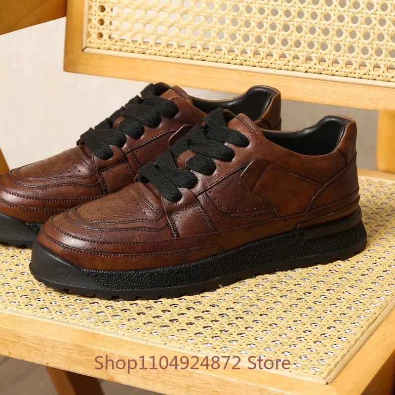 Vintage Washed Genuine Leather Casual Work Shoes Men's Sneakers Lace Up Thick Platform Sole Non-slip  Walking Leather Shoes