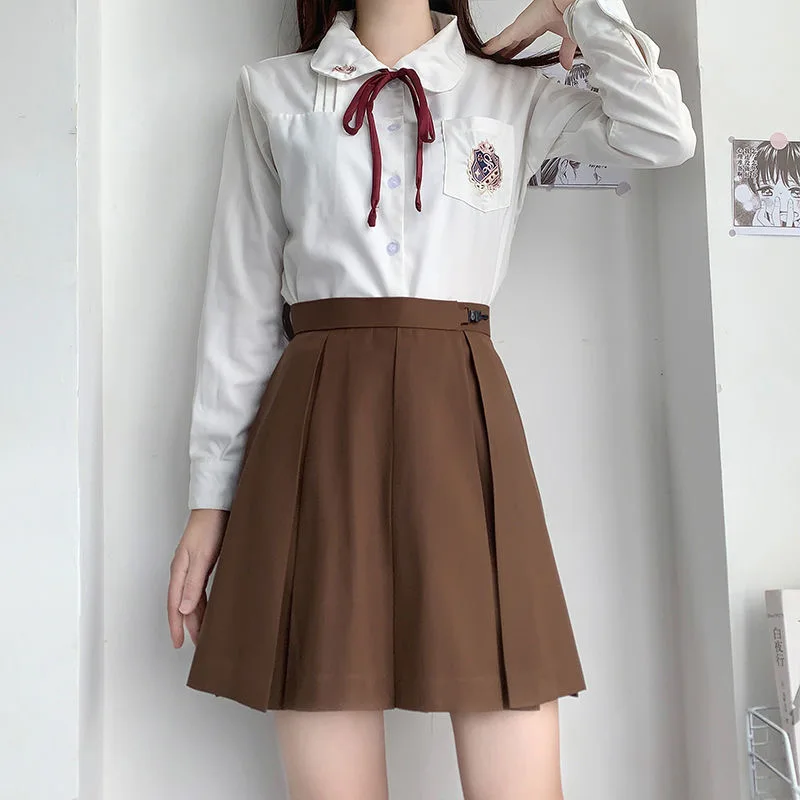 New Original Japanese High School Student Girls Basic Solid Color Box Pleated Skirt Preppy Style High Waist Skirt Khaki Brown