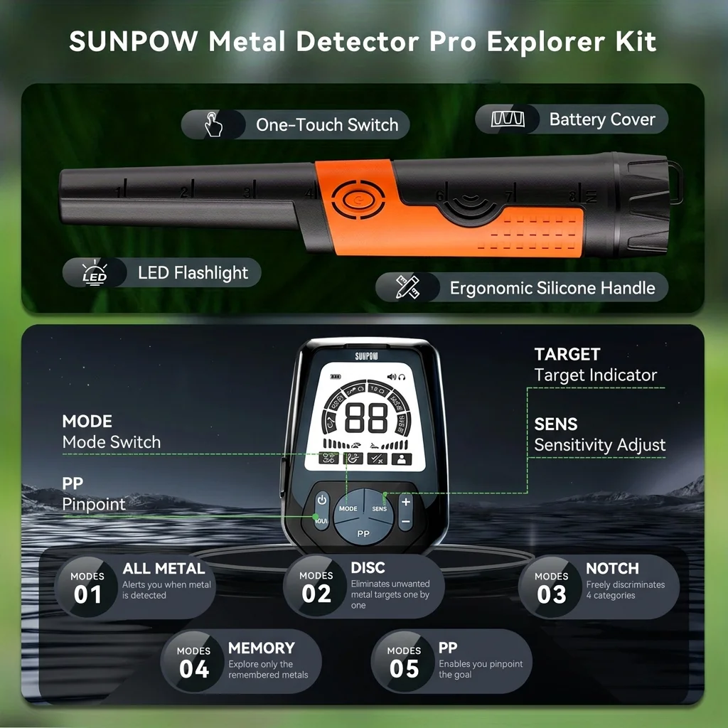 SUNPOW Professional Underground Metal Detector Kit with Pinpointer Rechargeable 6 Metal ID, IP68 Waterproof Coil, LCD Display 5 Search Modes Adjustable for Adults Treasure Hunting Beach River Outdoor Gold Relic Hunting