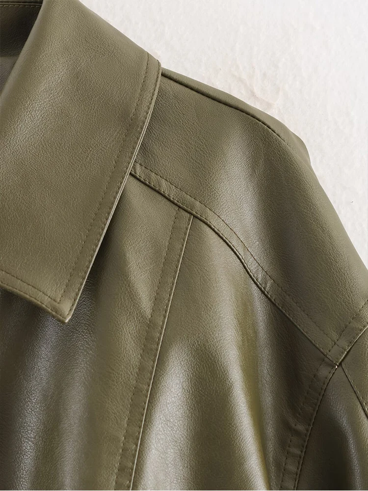 Chaqueta de cuero de imitación de PU de manga larga con solapa informal holgada y versátil a la moda para mujer de estilo europeo