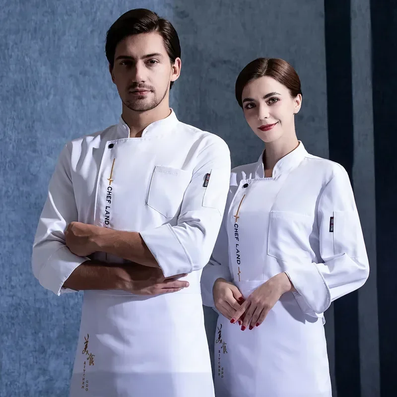 Chaquetas transpirables para hombres, uniforme de Chef, Vestido de manga blanca, delantal de panadería, Camisa larga de servicio de restaurante, cocina