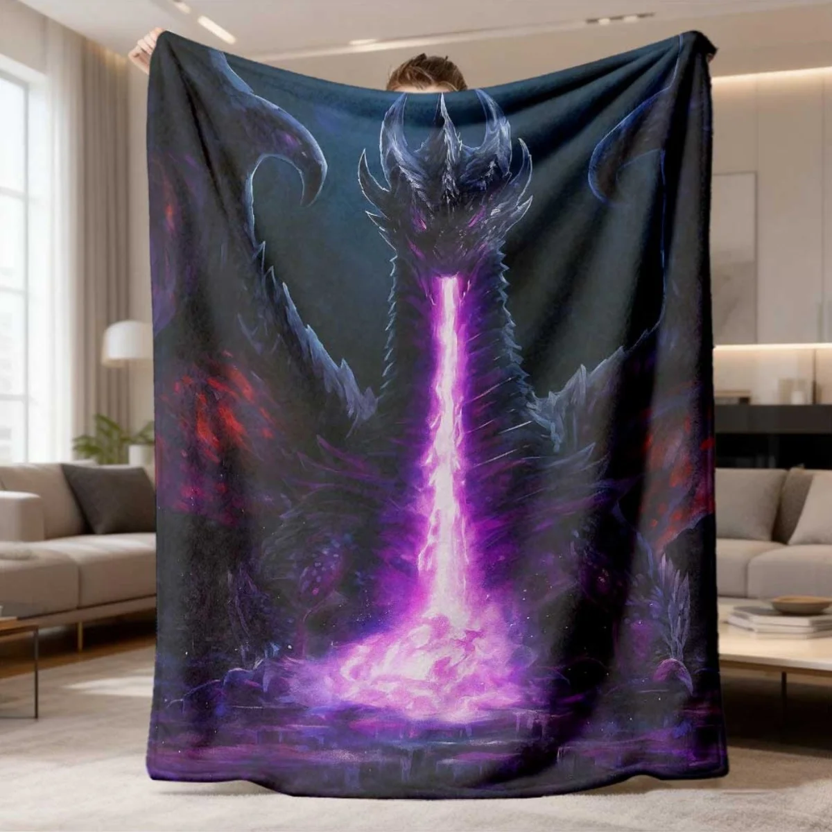 Mystic Dark Dragon with Purple Breath Pattern Flannel Blanket Lightweight Warm Plush Throw Blanket Gothic Fantasy Creature