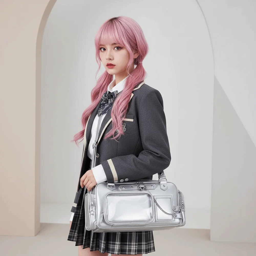 Multi Pocket Clear Ita Bag with Removable Insert Metal Chain Idol Fans Handbag Glossy Surface Star Eyelet Badge Display Purse