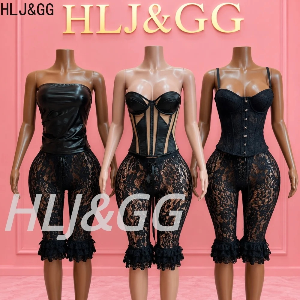 HLJ&GG Black Lace See Though Shorts Two Piece Sets Women Off Shoulder Leather Tube And Bandage Ruffle Shorts Outfits Streetwear