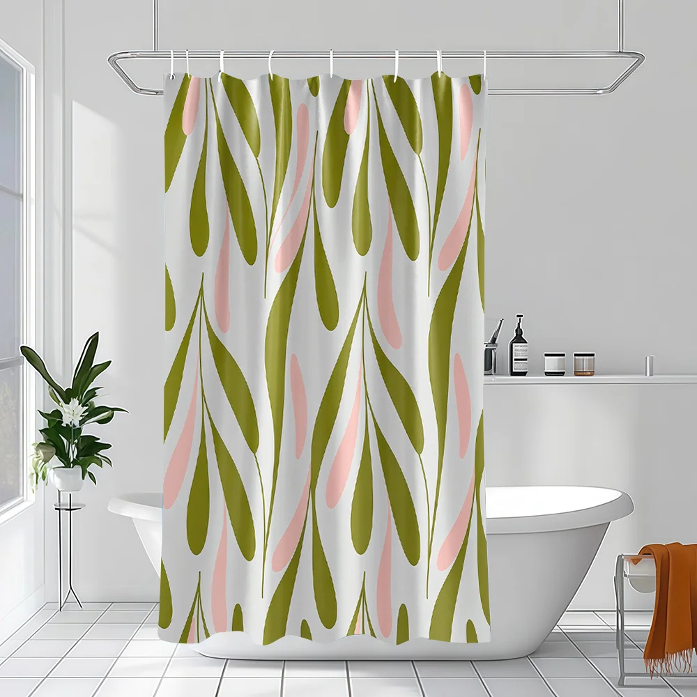 Retro Leaf Pattern Shower Curtain, Green & Pink Abstract Botanical Print Waterproof Bathroom Decor, Mid Century Modern Home Bath