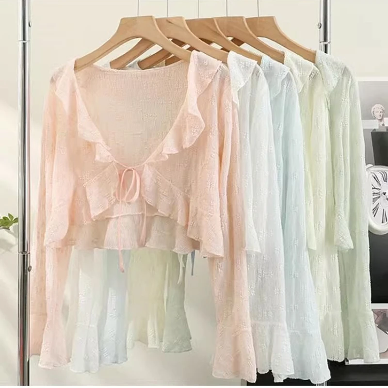 

Sweet Shawl Cropped Cardigan Women 2025 Summer Ruffle Lace Up Flare Sleeve Thin Sunscreen Tops Solid Versatile Shirt