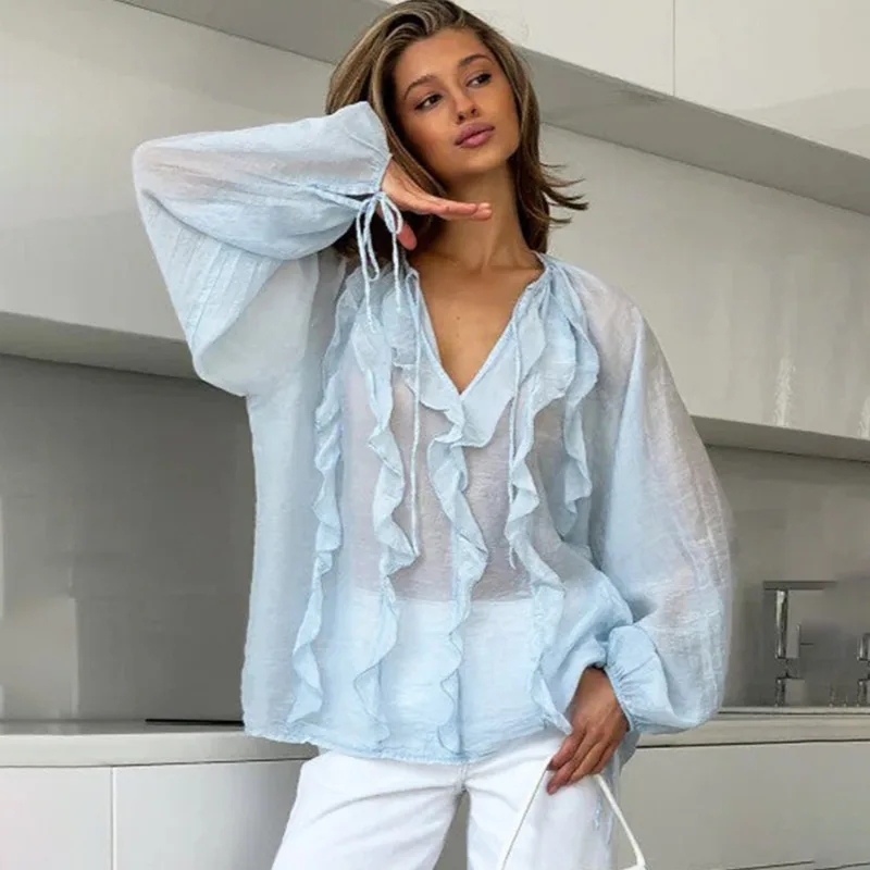 

Talenza Women's Ruffle Shirt Summer Casual See-through V-Neck Pleated Patchwork Blouses Fashion Commuting Vacation Female Shirt