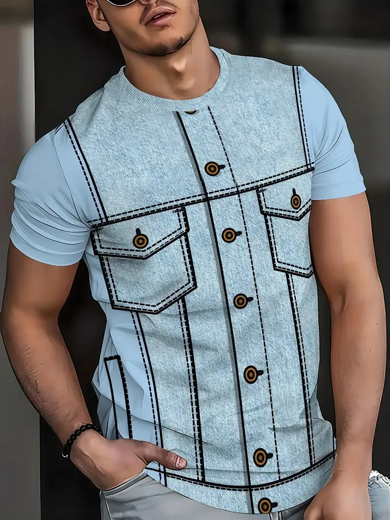 Traje creativo con estampado Digital 3D, chaleco vaquero, camiseta con patrón para hombre, pantalón corto informal de manga corta con cuello redondo, camisetas, ropa para hombre